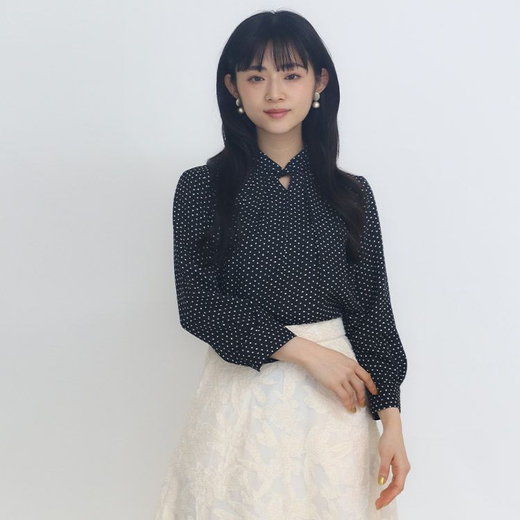 バックサテンリンゴプリントブラウス