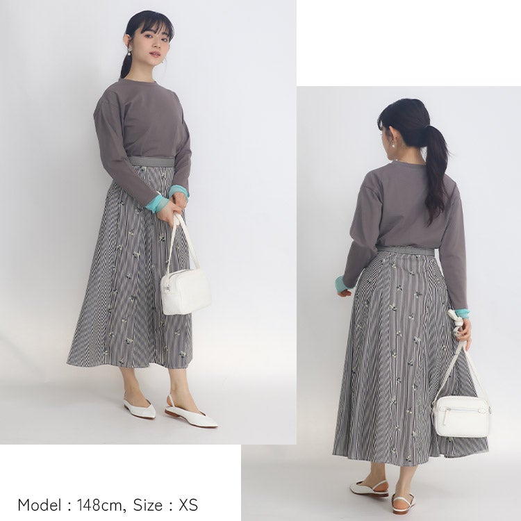 花刺繍ストライプスカート 小さいサイズ 服 レディース 通販