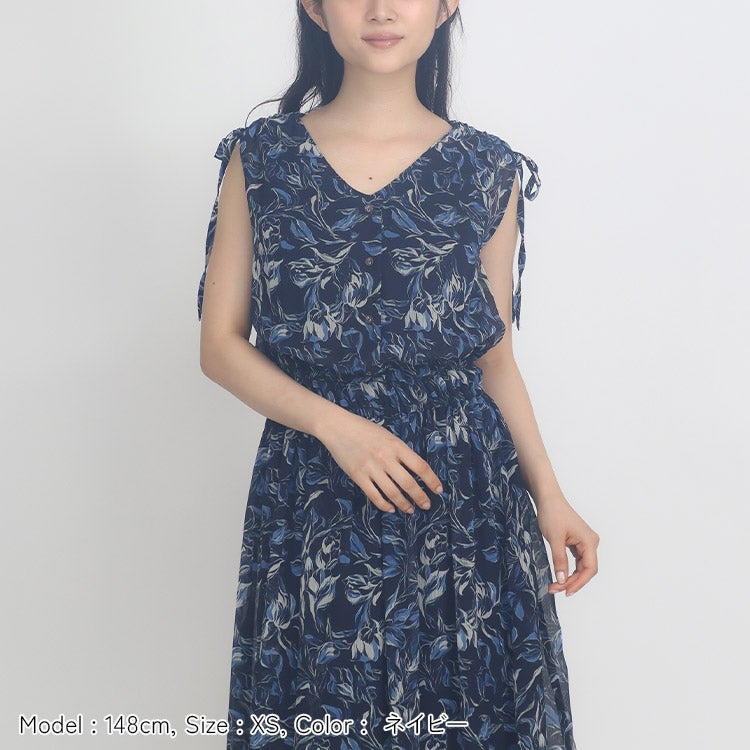 ブルー　水彩柄ワンピース プレセール対象】水彩花柄プリントワンピース 小さいサイズ 服