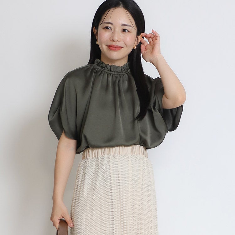 サテンネックギャザードルマンブラウス 小さいサイズ 服 レディース 通販